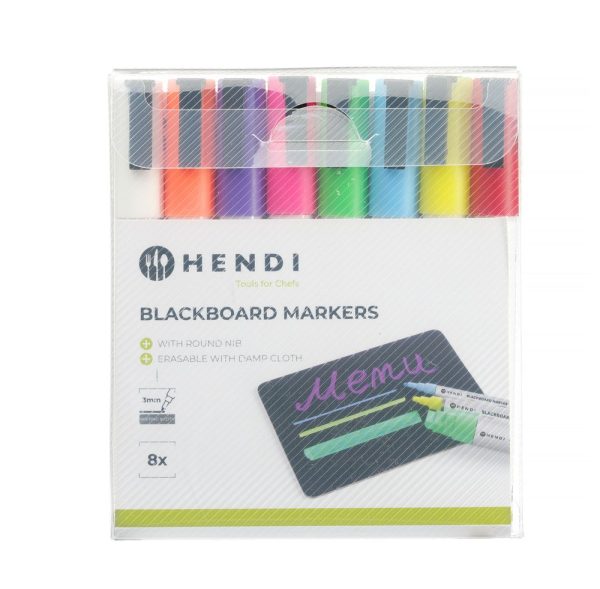 Marcadores para quadro preto 3 mm, HENDI, Marcadores: 1 branco, 1 vermelho, 1 azul, 1 verde, 1 amarelo, 1 roxo, 1 laranja e 1 rosa