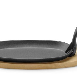Travessa de ferro fundido com tábua de madeira e pinça, Preto, 280x143x(H)33mm, Oval