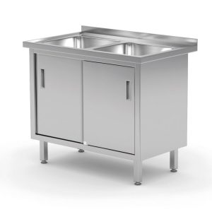 Mesa com 2 lavatórios, armário – soldado, com portas deslizantes, Profi Line, 1000x600x(H)850mm
