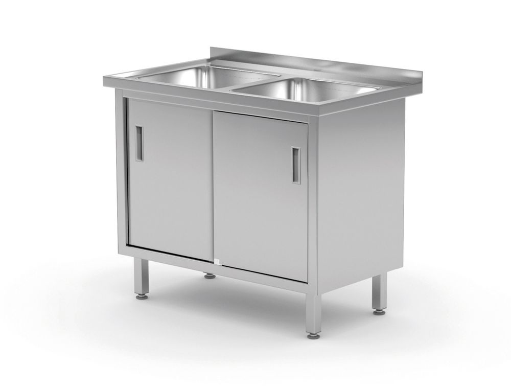 Mesa com 2 lavatórios, armário – soldado, com portas deslizantes, Profi Line, 1000x600x(H)850mm