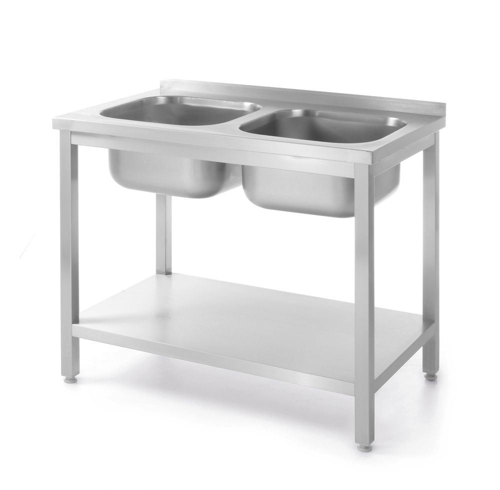 Mesa com 2 lava-loiças e prateleira, aparafusada, Kitchen Line, 1000x600x(H)850mm
