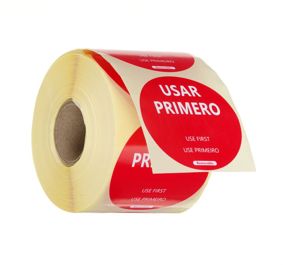 Etiquetas de segurança alimentar, multiusos, fáceis de remover, “USAR PRIMEIRO”, Vermelho, 500 unid., ⌀50mm